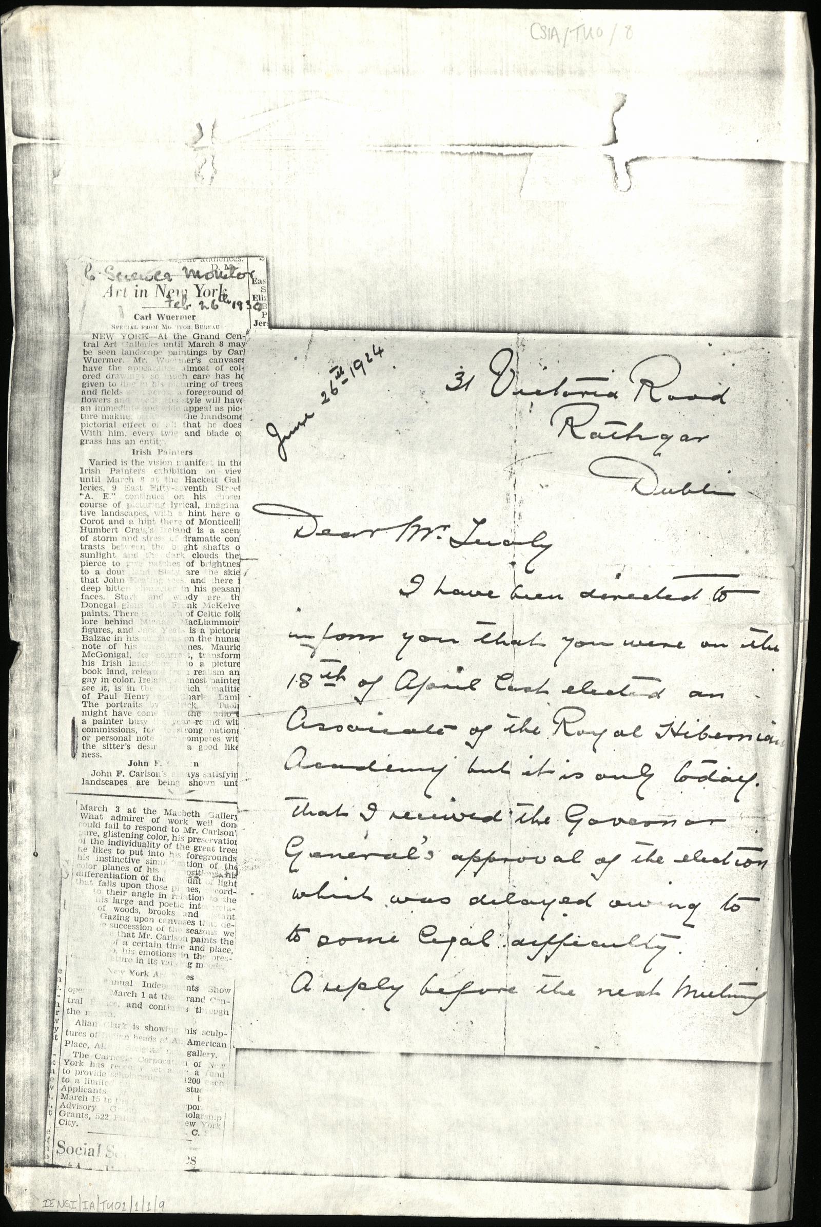Photocopy of part of a letter to Patrick Tuohy from an unknown ...