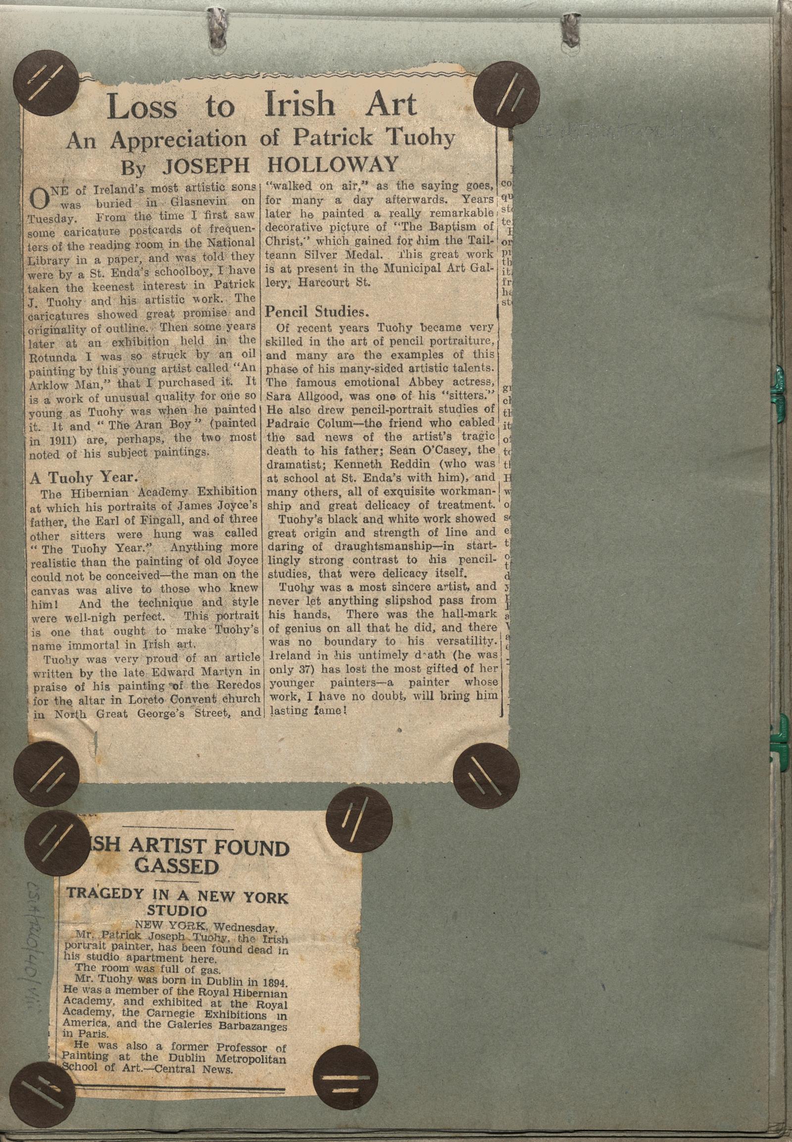 Newspaper clippings relating to the death and funeral of Patrick Tuohy ...